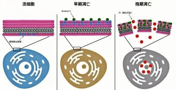 Annexin V/PI 检测凋亡的原理示意图